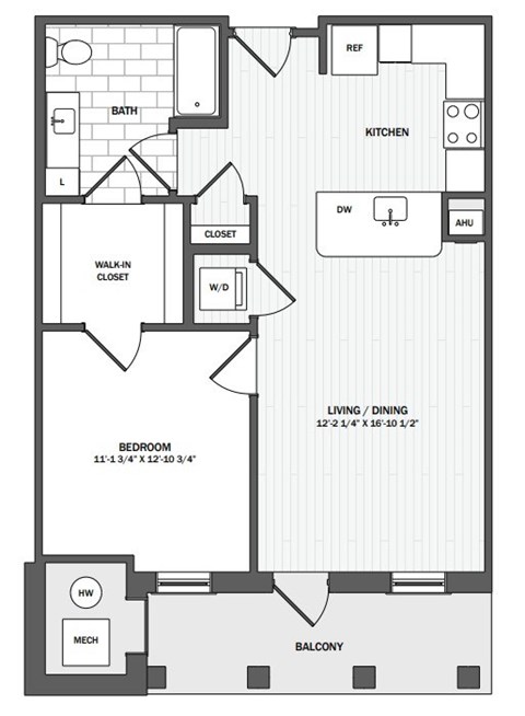 A black and white floor plan of an apartment with a living room, dining room, bedroom, and bathroom.
